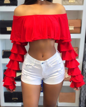 Stylish Dew Shoulder Long Sleeves Falbala Design Red Chiffon Shirts