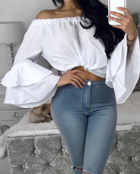 Stylish Dew Shoulder Long Sleeves Falbala Design White Chiffon Shirts