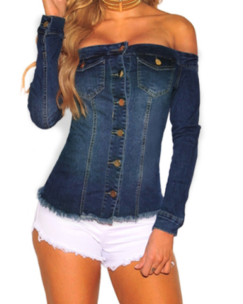 Stylish Dew Shoulder Long Sleeves Single-breasted Blue Denim Shirts Stylish Dew Shoulder Long Sleeves Single-breasted Blue Denim Shirts
