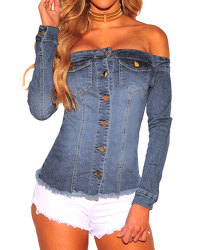Stylish Dew Shoulder Long Sleeves Single-breasted Light Blue Denim Shirts