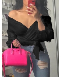 Stylish V Neck Long Sleeves Falbala Design Black Polyester Shirts