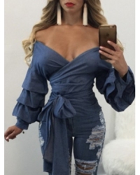 Stylish V Neck Long Sleeves Falbala Design Blue Polyester Shirts