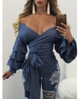 Stylish V Neck Long Sleeves Falbala Design Blue Polyester Shirts