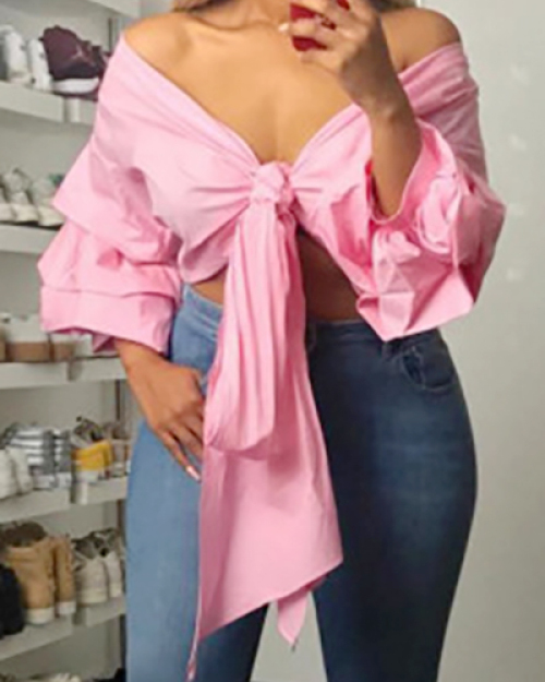 Stylish V Neck Long Sleeves Falbala Design Pink Polyester Shirts Stylish V Neck Long Sleeves Falbala Design Pink Polyester Shirts