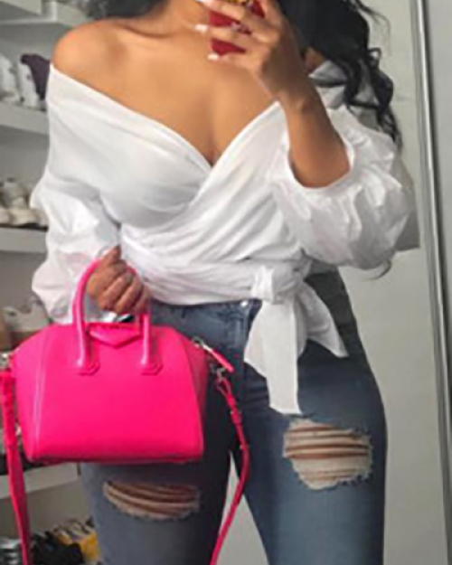 Stylish V Neck Long Sleeves Falbala Design White Polyester Shirts Stylish V Neck Long Sleeves Falbala Design White Polyester Shirts