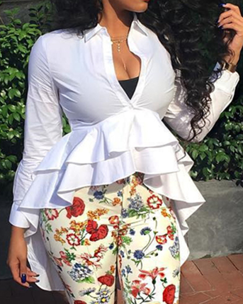 Stylish V Neck Long Sleeves Falbala Design White Polyester Tops Stylish V Neck Long Sleeves Falbala Design White Polyester Tops