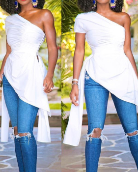 Trendy Dew Shoulder Asymmetrical White Polyester Tops