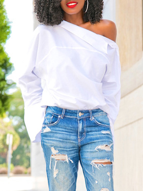 Trendy Dew Shoulder White Imitated Silk Shirts