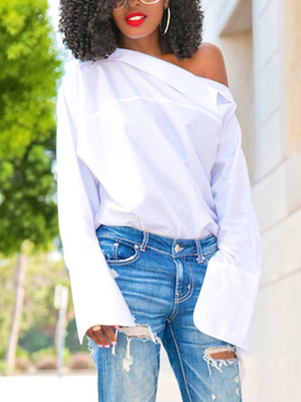 Trendy Dew Shoulder White Imitated Silk Shirts