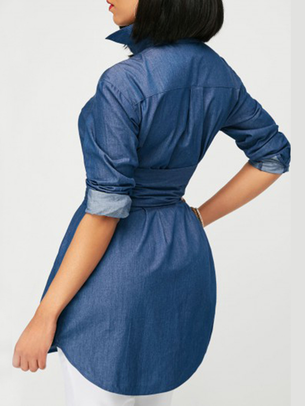 Trendy Mandarin Collar Long Sleeves Bandage Blue Denim Shirts