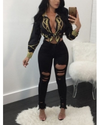 Trendy Turndown Collar Long Sleeves Printed Black Polyester Shirts