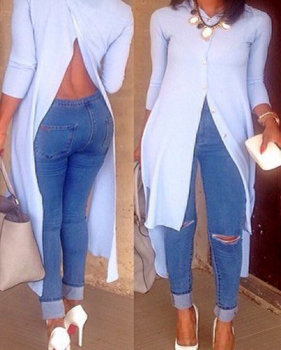 Trendy Turndown Collar Long Sleeves Split Light Blue Cotton Blousing Blouse