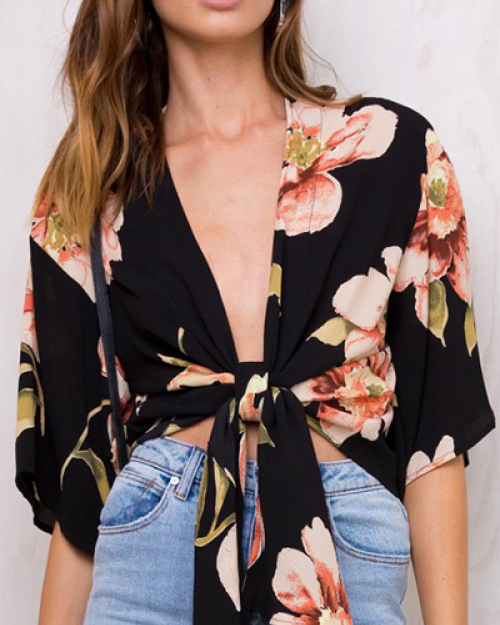 Trendy V Neck Half Sleeves Printed Black Blending Tops Trendy V Neck Half Sleeves Printed Black Blending Tops