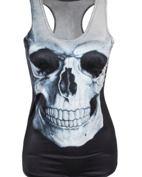 Leisure Round Neck Skull Printing Backless Black Polyester Tank Top Leisure Round Neck Skull Printing Backless Black Polyester Tank Top