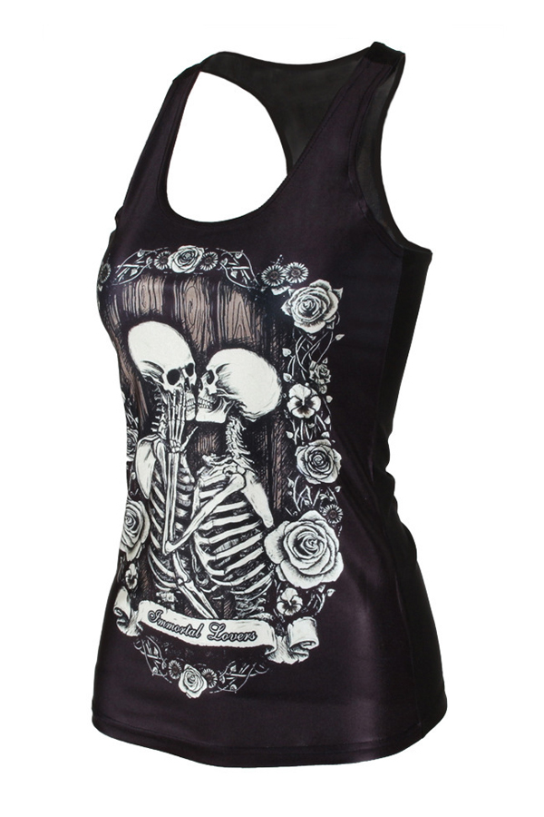  Leisure Round Neck Skull Printing Black Polyester Tank Top