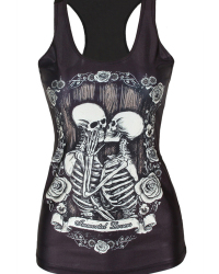  Leisure Round Neck Skull Printing Black Polyester Tank Top