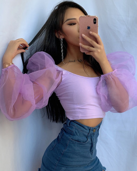 Long-sleeved vest top - selling new U collar crop revealing elastic sleeve top #95111