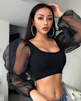 Long-sleeved vest top - selling new U collar crop revealing elastic sleeve top #95113