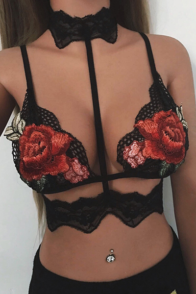 Sexy Embroidery Hollow-out Black Lace Tank Top