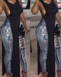 Sexy Round Neck Hollow-out Black Polyester Tank Top