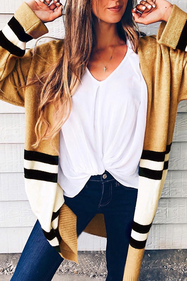  Euramerican Long Sleeves Patchwork Yellow Cotton Cardigans