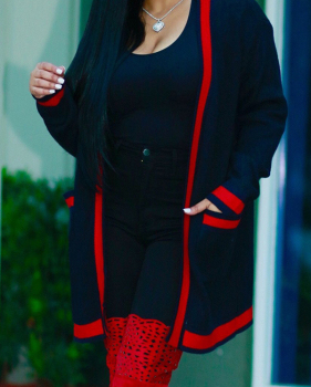  Euramerican Long Sleeves Striped Black Polyester Long Cardigans