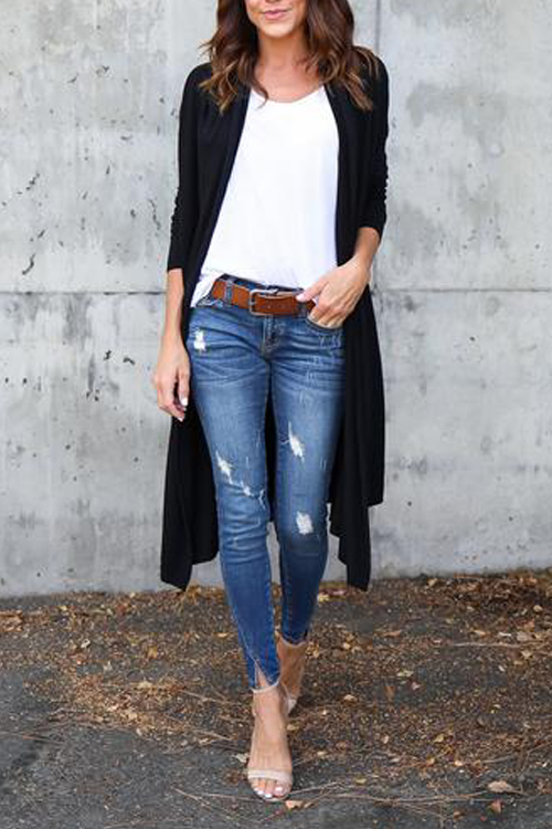  Leisure Long Sleeves Black Cotton Cardigans