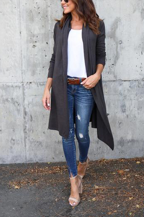  Leisure Long Sleeves Dark Grey Cotton Cardigans