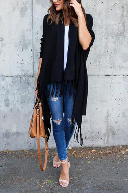  Leisure Tassel Design Black Cotton Cardigans