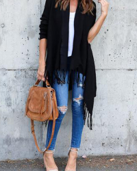Leisure Tassel Design Black Cotton Cardigans Leisure Tassel Design Black Cotton Cardigans
