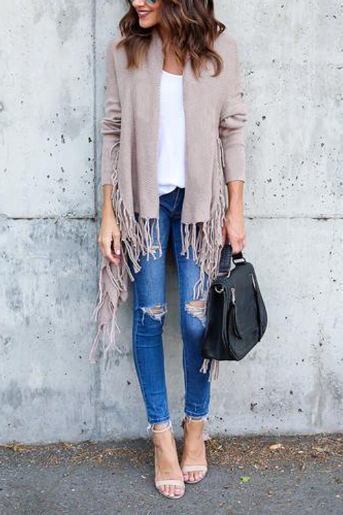  Leisure Tassel Design Khaki Cotton Cardigans