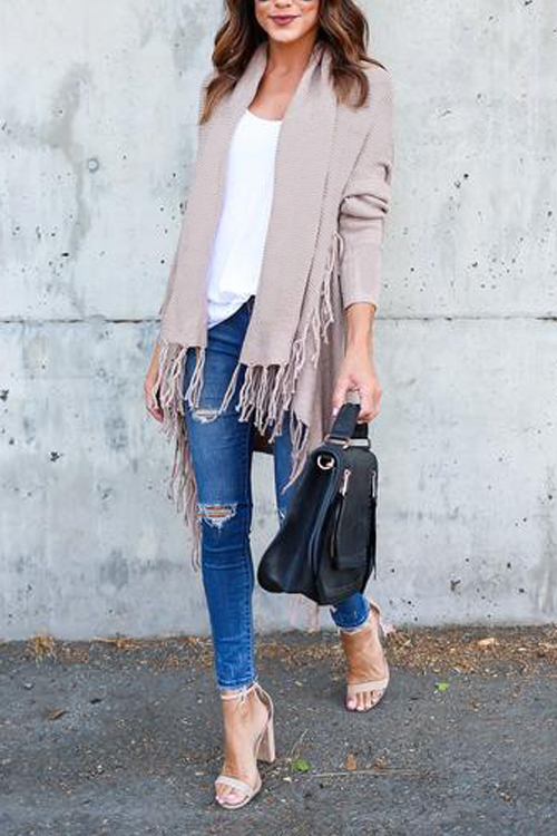  Leisure Tassel Design Khaki Cotton Cardigans