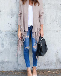  Leisure Tassel Design Khaki Cotton Cardigans
