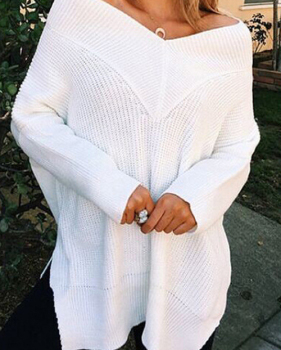  Leisure V Neck Long Sleeves Side Split White Cotton Shirts