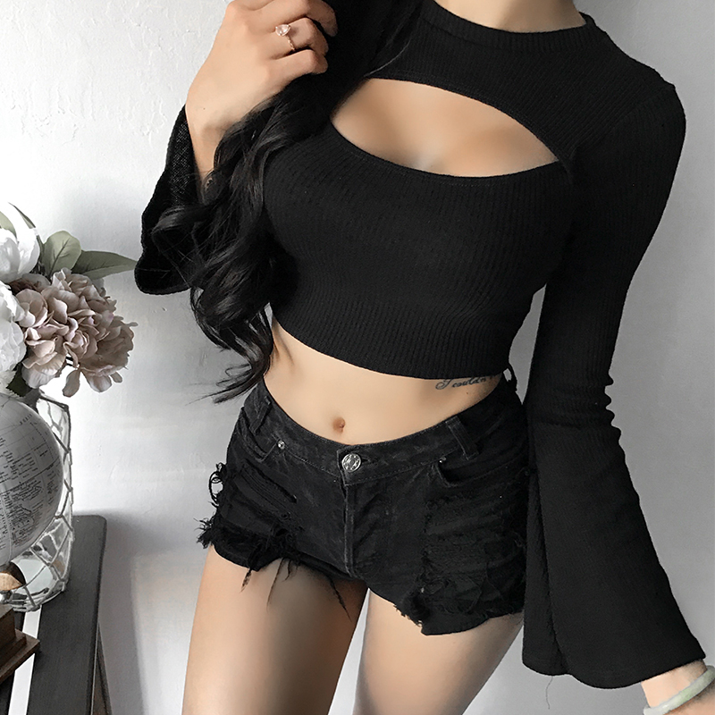  Sexy Round Neck Mandarin Sleeves Broken Holes Black Sweaters