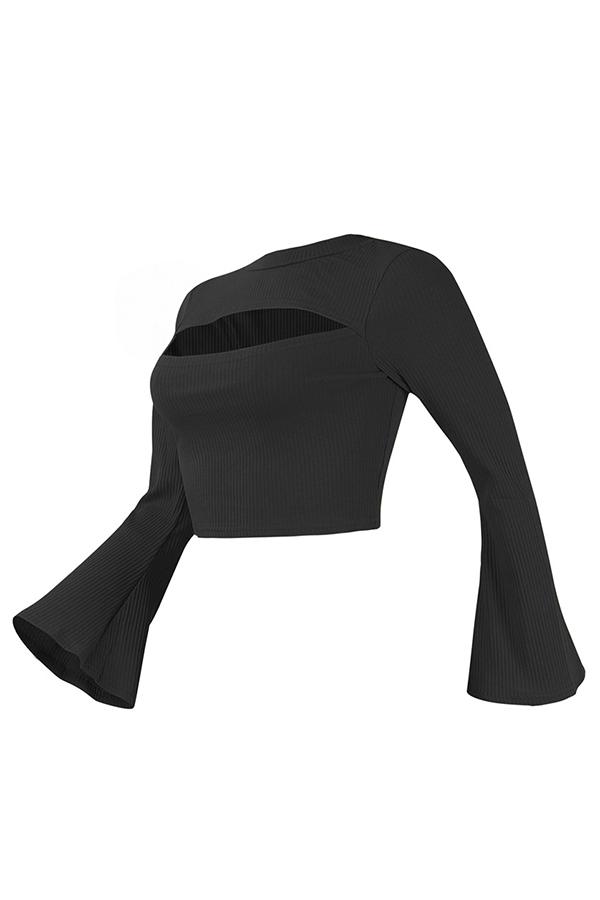  Sexy Round Neck Mandarin Sleeves Broken Holes Black Sweaters