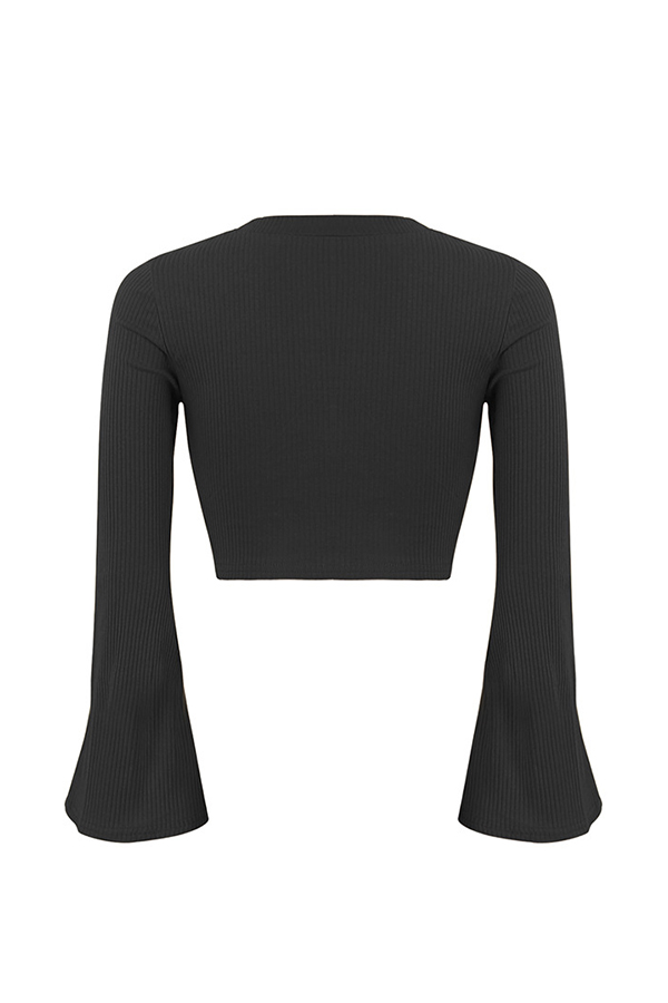  Sexy Round Neck Mandarin Sleeves Broken Holes Black Sweaters