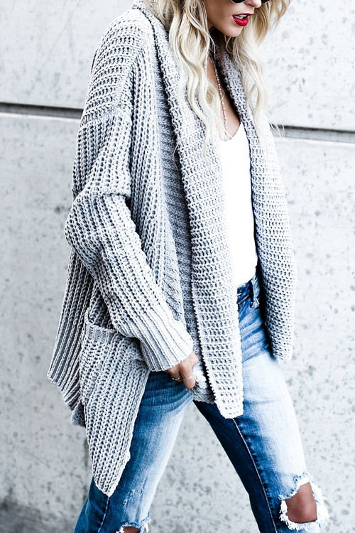  Trendy Long Sleeves Grey  Acrylic Cardigans