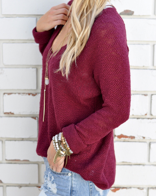 Euramerican V Neck Long Sleeves Wine Red Knitting Sweaters Euramerican V Neck Long Sleeves Wine Red Knitting Sweaters