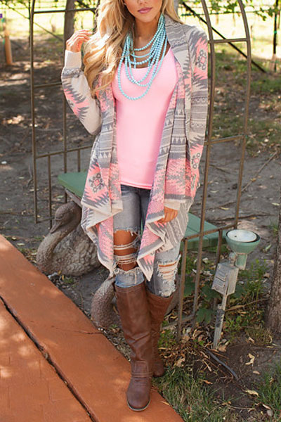 Fashion Print Long Sleeves Cotton Blends Long Cardigan