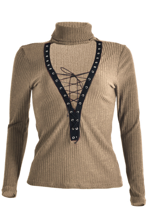 Sexy Deep V Neck Hollow-out Khaki Knitting Sweaters