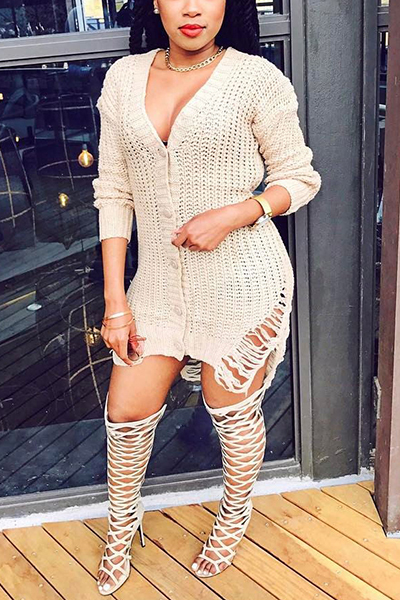 Stylish V Neck Long Sleeves Hollow-out Apricot Blending Cardigans