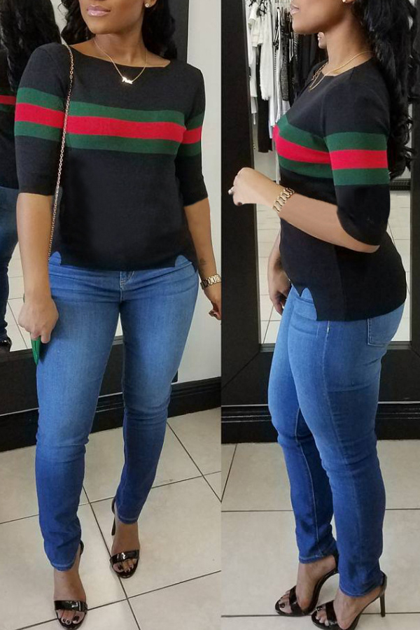  Casual Round Neck Striped Patchwork Black Cotton T-shirt