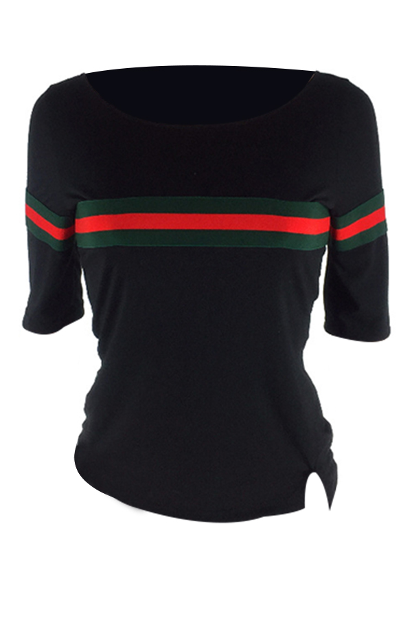  Casual Round Neck Striped Patchwork Black Cotton T-shirt