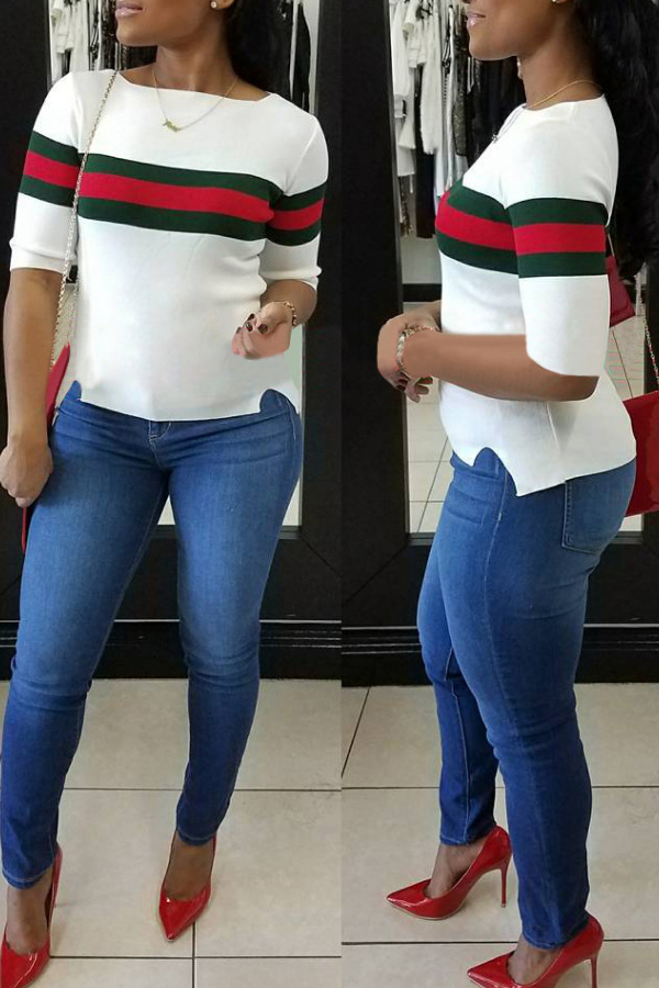  Casual Round Neck Striped Patchwork White Cotton T-shirt