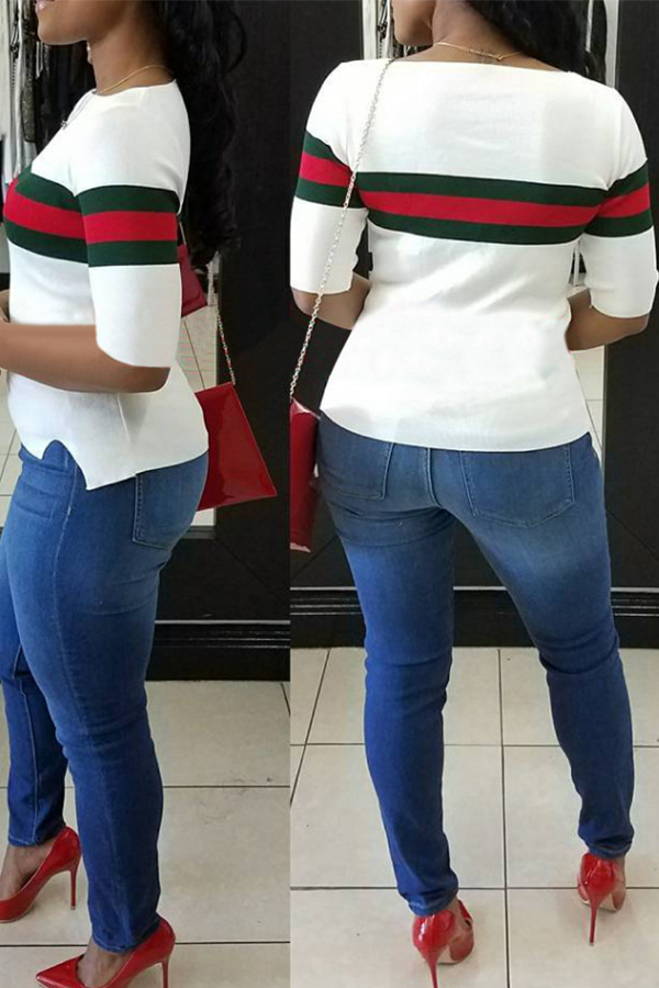  Casual Round Neck Striped Patchwork White Cotton T-shirt