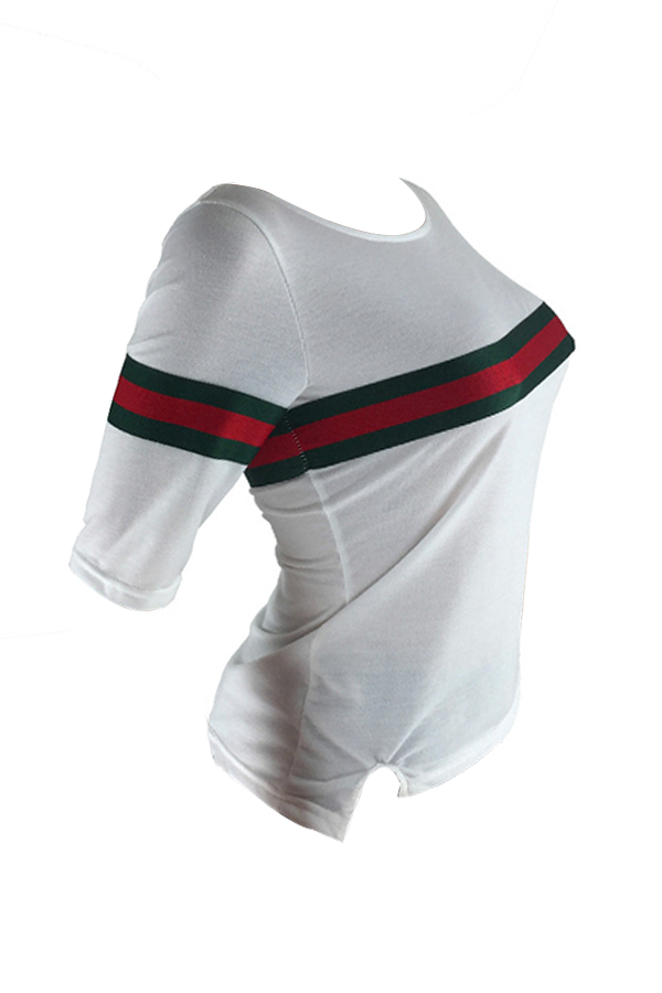  Casual Round Neck Striped Patchwork White Cotton T-shirt