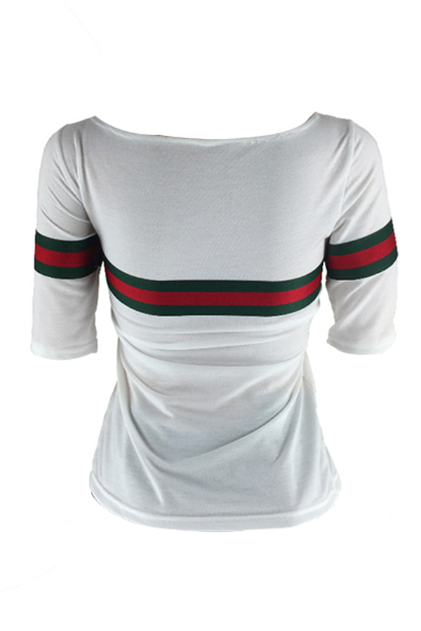  Casual Round Neck Striped Patchwork White Cotton T-shirt