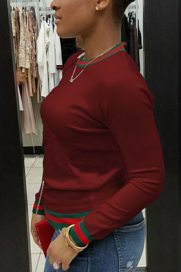  Casual Round Neck Striped Wine Red Blending T-shirt