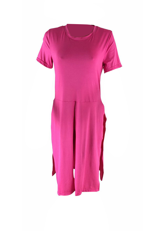  Chic Round Neck Irregular Patchwork Rose Red Polyester T-shirt